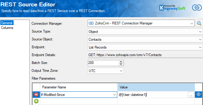 Zoho CRM REST Source configured to list Contact records